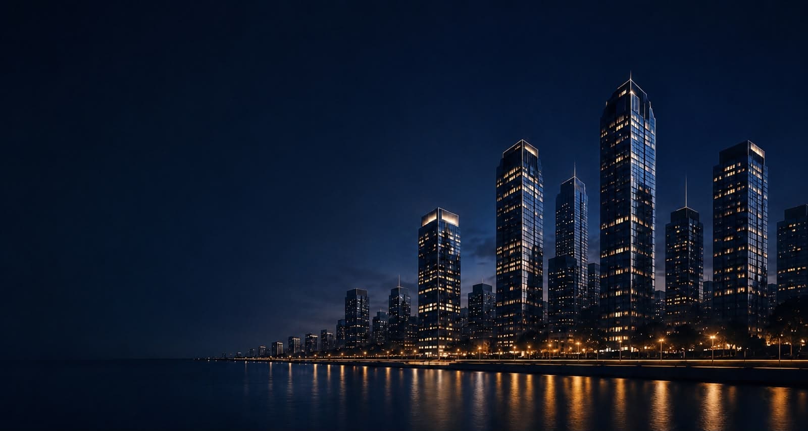 Skyline nocturno frente al mar con luces reflejadas en el agua